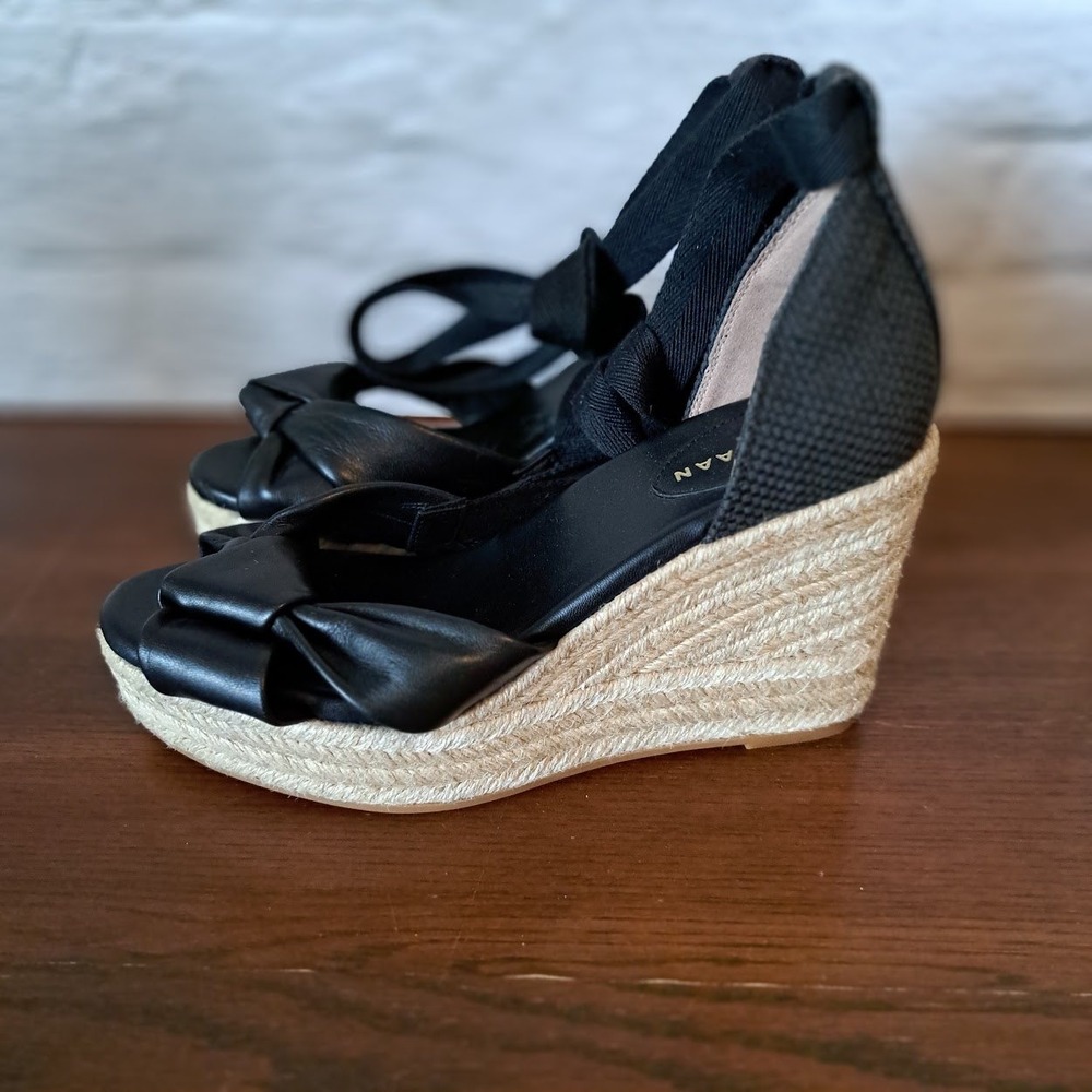 Cole Haan Grand 360 Black Leather Ankle Tie Espadrille Wedge Sandals